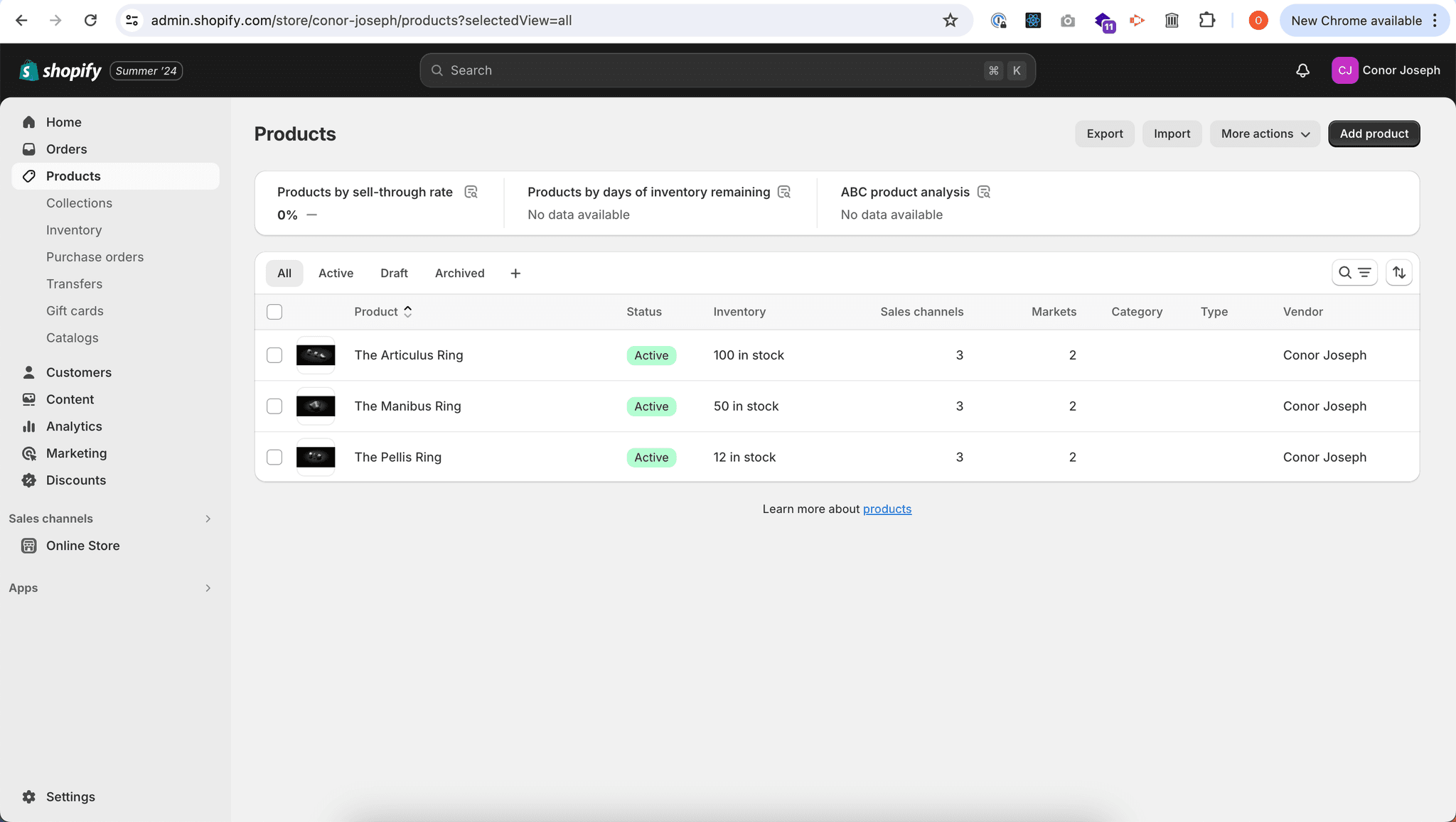 Shopify dashboard showing products